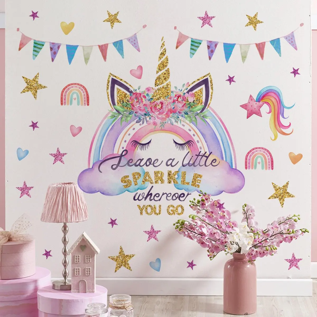 Unicorn & Rainbow Pattern Wall Sticker, 2 Sheets/set Self-adhesive Wall Decal, Wall Decor for Home Living Room Bedroom