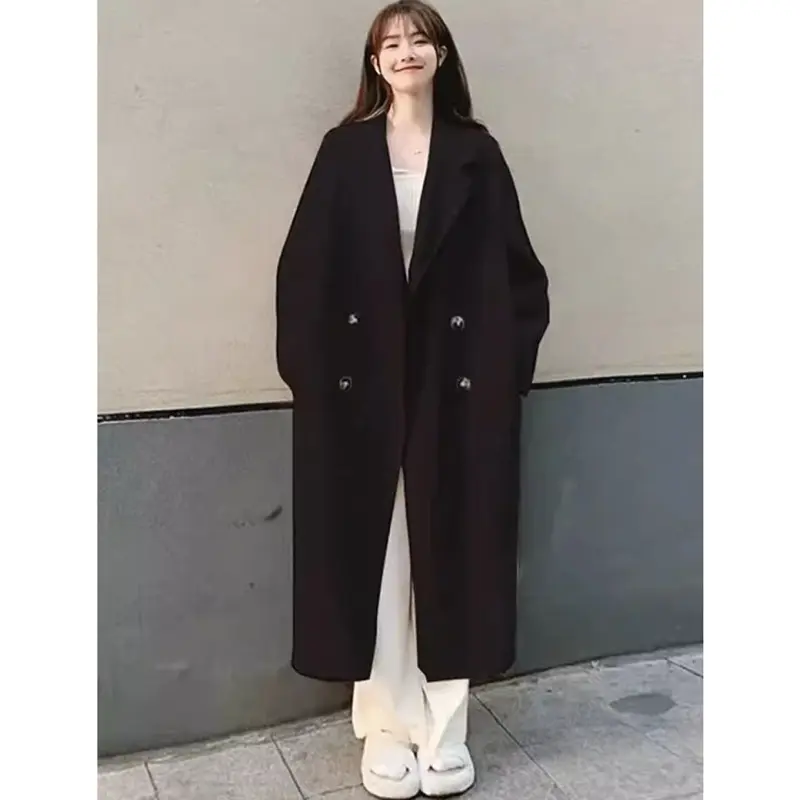 KAGEDSHOP Áo khoác dạ dáng dài 2 lớp form rộng 4 cúc túi sườn be đen, Áo khoác blazer nữ cổ vest chất dạ lì phong cách ulzzang 5