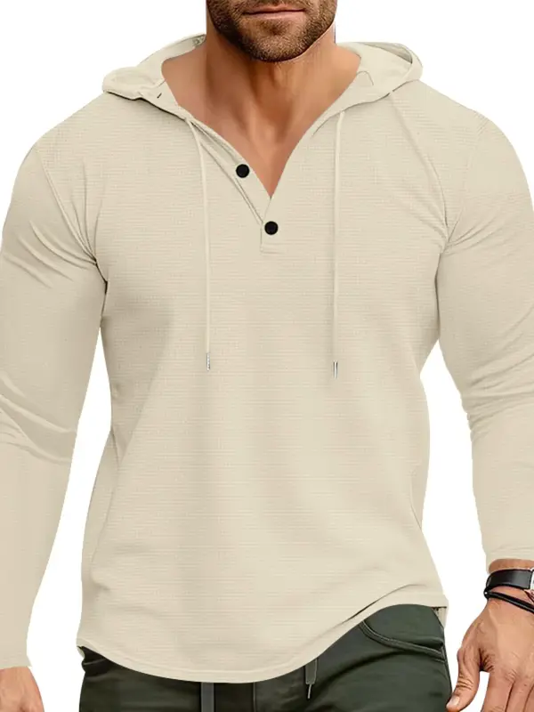 Men's Regular Fit Solid Button Front Hoodie, Casual Long Sleeve Drawstring Hooded Sweatshirt for Fall & Winter, Men's Clothes for Daily Wear 1