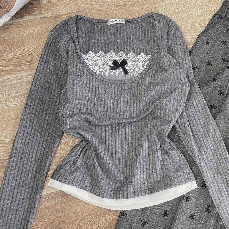 Set Áo Tay Dài Xám Phối Ren Trắng Viền Trắng Kèm Quần Suông In Nơ Mini - Nữ Women Top-X49 1
