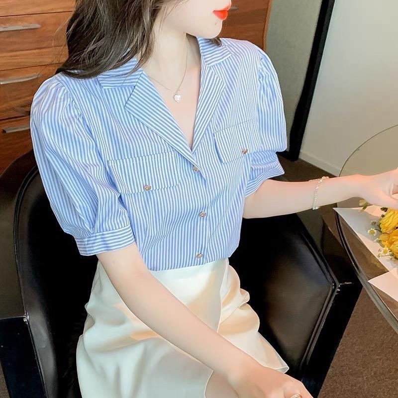 Áo sơ mi xốp hàn cổ vest tay bồng sale