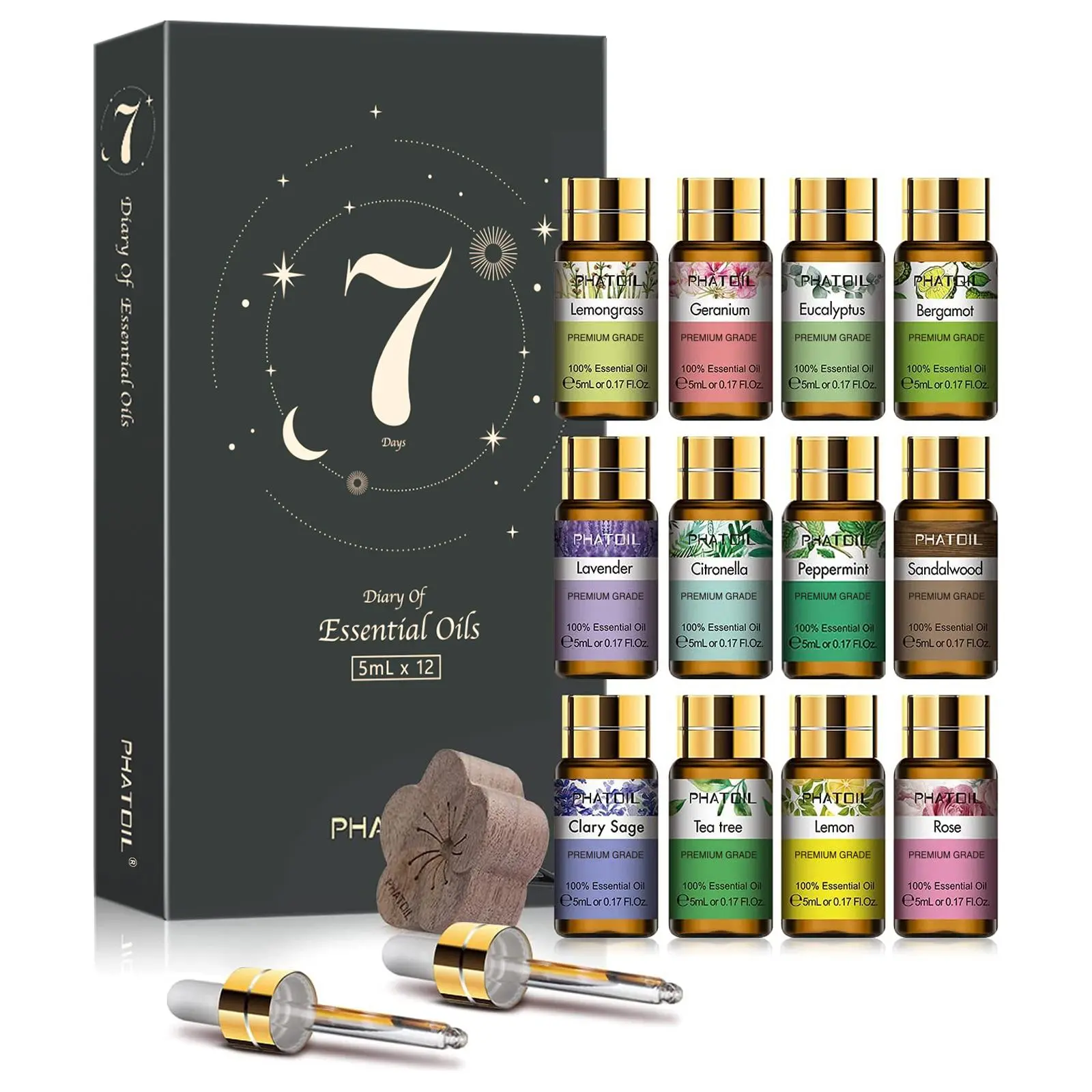 Essential Oils Magnetic Gift Box Set, 12pcs/set Summer Scented Aromatherapy Oils for Home Diffusers Humidifiers, with Two Droppers and One Wooden Diffuser, Mother's Day Gift for Mom