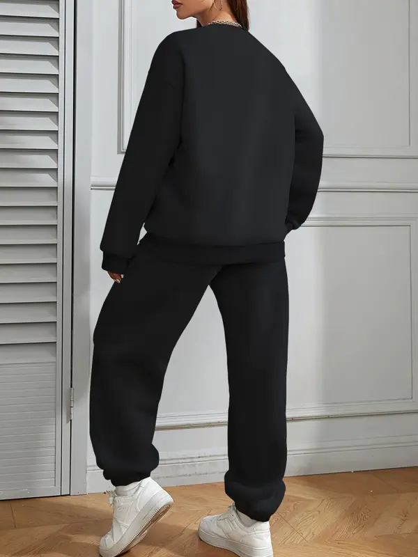 Two-Piece Set Women's Letter Print Sweatshirt & Pocket Sweatpants Set, Casual Fashion Cozy Round Neck Long Sleeve Pullover & Jogger Pants for Daily Wear, Ladies Two-piece for All Seasons, Clothes, Womenswear 7