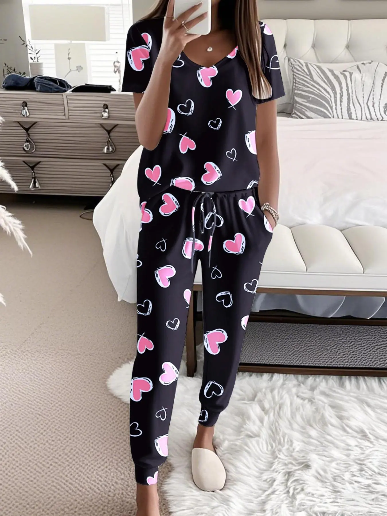 Women's Heart Print Tee & Pants Pyjama Two-piece Set, Casual Comfy Short Sleeve T-shirt & Trousers PJ Set, Ladies Sleepwear for All Seasons, Loungewear