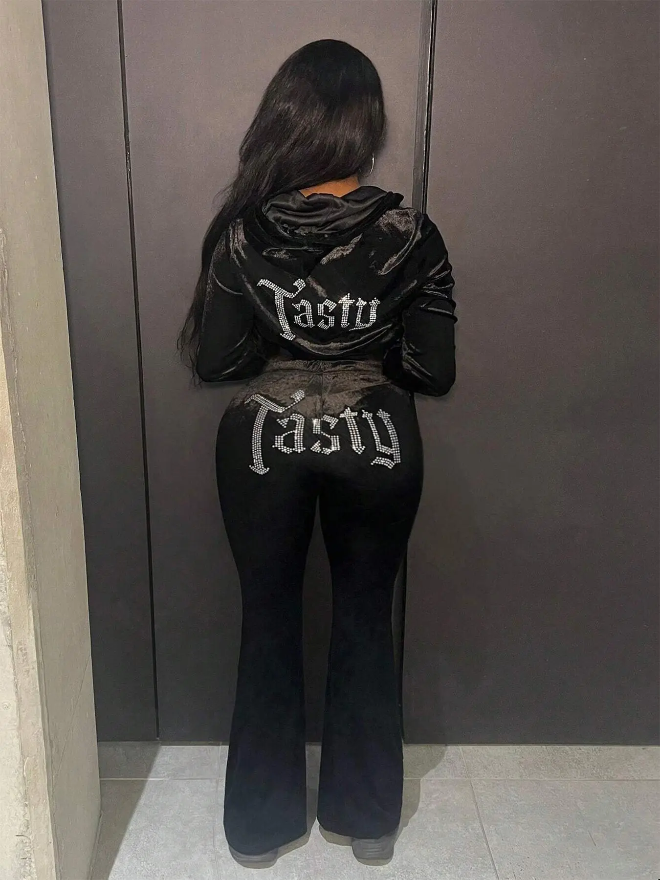 Women's Letter Rhinestone Pattern Zip Up Crop Jacket & Elastic Waist Pants Two-piece Set, Casual Fashion Two Piece Outfits for Daily Wear, Co-ord Sets, Ladies Clothes for All Seasons