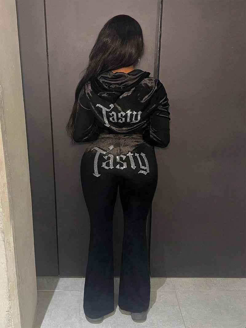 Product Introduction of Women's Letter Rhinestone Pattern Zip Up Crop Jacket & Elastic Waist Pants Two-piece Set, Casual Fashion Two Piece Outfits for Daily Wear, Co-ord Sets, Ladies Clothes for All Seasons 1
