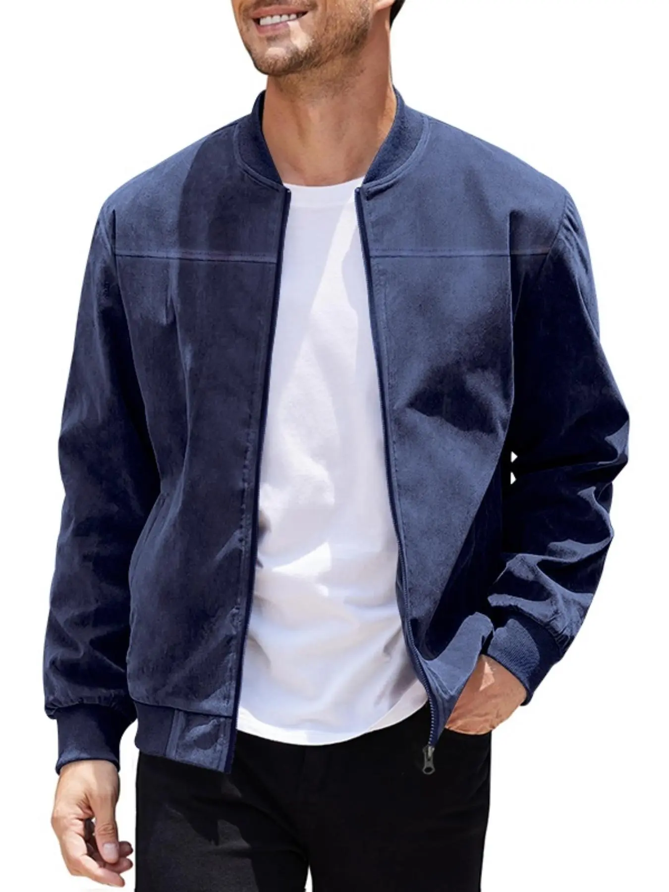 Men's Solid Zip Up Bomber Jacket, Casual Comfy Long Sleeve Baseball Collar Outerwear for Spring & Fall, Men's Clothes for Daily Wear