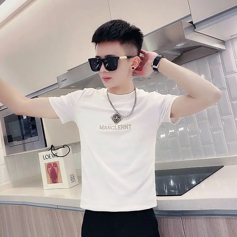 Áo Thun Ngắn Tay, Phong Cách Hàn Quốc, Dáng Ôm, In Hình, Tay Lửng, Dành Cho Nam Giới, Người Nổi Tiếng Trên Mạng Web Chàng Trai Thông Minh, Áo Lớp Cơ Sở Cổ Tròn, Mùa Hè 2024 Menswear Nhung 6