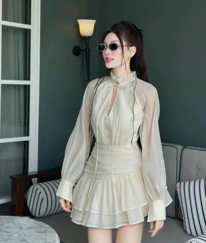  Đầm dự tiệc cổ bèo nút bọc chất voan xốp nhún xinh xắn Kiling Dress Nữ Trắng 