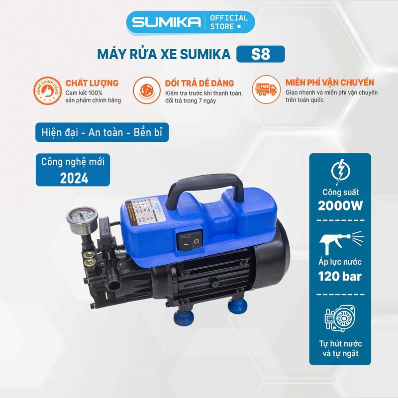 Máy rửa xe, lau xe gia đình SUMIKA S8, công suất 2000W, chế độ Auto Stop, lõi đồng