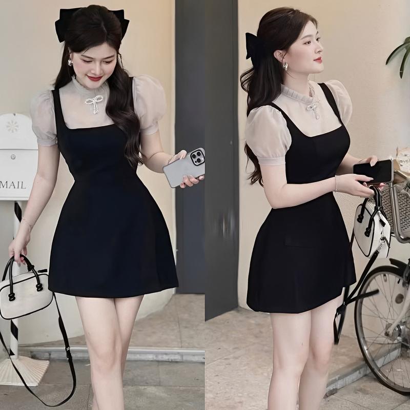 Thời Trang Bigsize Váy Dự Tiệc Phối Nơ Cổ Vải Cotton Lạnh Cao Cấp Thanh lịch 50 - 100Kg Nữ Đầm Women - A.1504