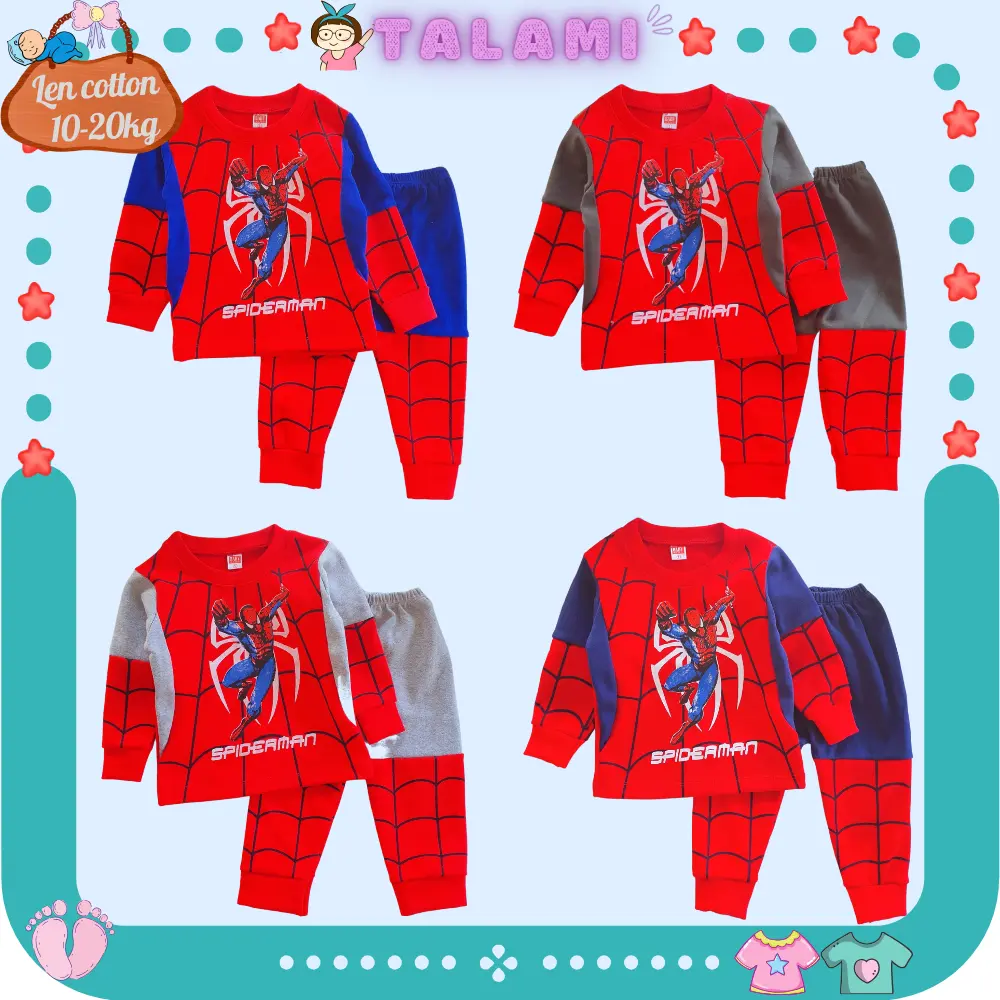 Quần áo bé trai, bộ quần áo dài tay thu đông in hình Spiderman chất len cotton dày dặn phối màu đẹp cho bé 12-20kg