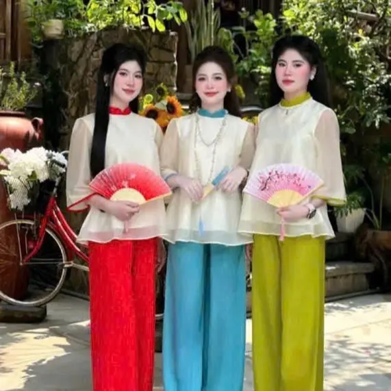 Set Bộ Nữ  Sét bộ Lam chùa mẫu mới nhất thời trang nữ áo chất VOAN TƠ 2 lớp cổ lọ cao tay lỡ rộng viền mi