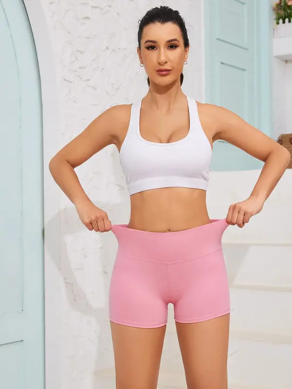 Women's Solid High Waist Pocket Design Sports Gym Shorts, Casual Comfy Breathable Skinny Shorts for Yoga Gym Workout Running, Ladies Sportswear for All Seasons 7