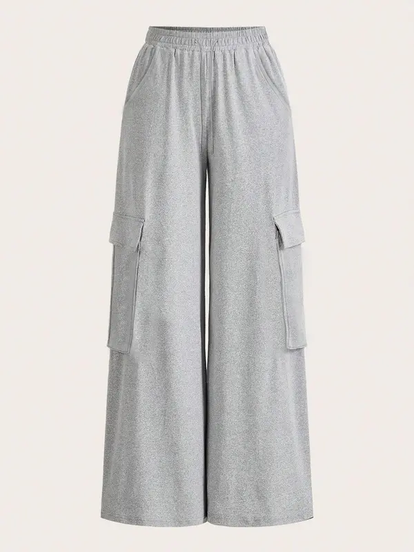 Women's Plain Flap Pocket Sweatpants, Casual Street Wide Leg Trousers for Daily Wear, Ladies Bottoms for Fall & Winter 1