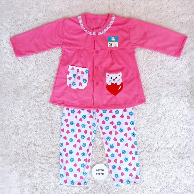 Setelan Baju Tidur Piyama Bayi Perempuan Lengan Panjang Kancing Depan Katun 6-12 Bulan Motif Lucu Cat Love 4