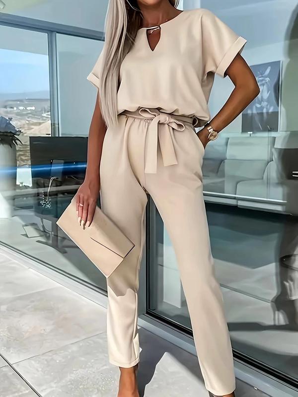 Women's Solid Belted Jumpsuit, Elegant Batwing Sleeve Pocket Jumpsuit for Summer, Fashion Women's Clothes for Daily Wear 3