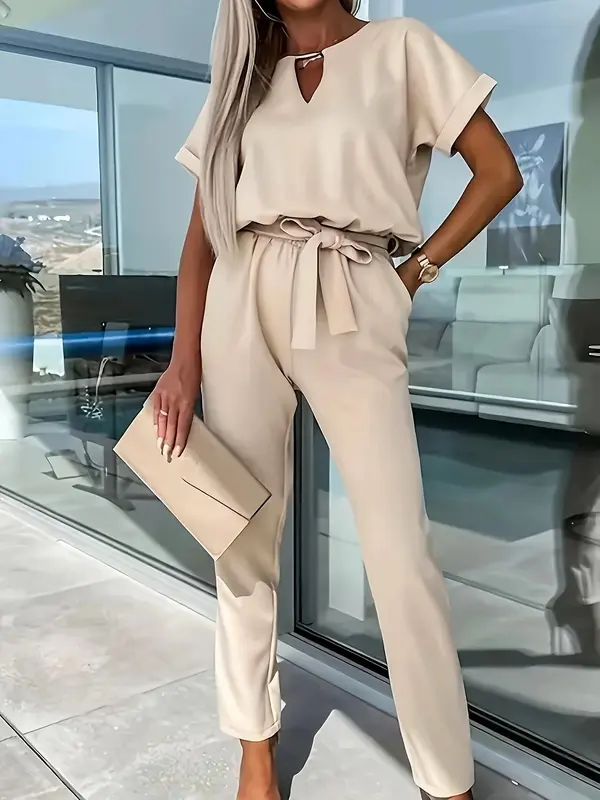 Women's Solid Belted Jumpsuit, Elegant Batwing Sleeve Pocket Jumpsuit for Summer, Fashion Women's Clothes for Daily Wear 3
