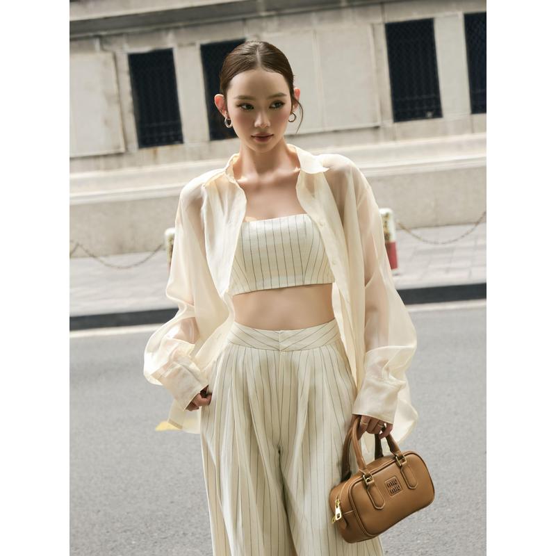 Set KAYLIN Linen Stripe Set Áo Bra & Quần Suông Chất Vải Linen Sọc Phong Cách Cá Tính - SET90T11 Women Set
