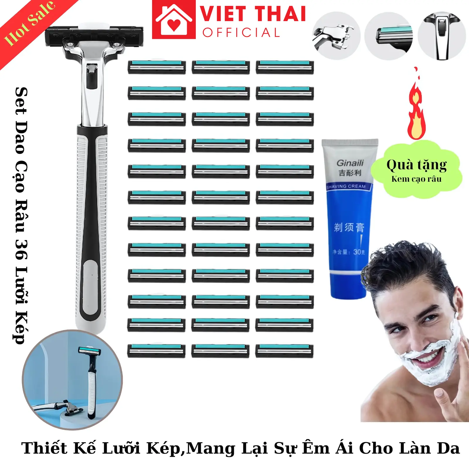 [Set Dao Cạo Râu 36 Lưỡi Kép Cao Cấp] Kèm Bàn Cạo Tiện Lợi - Tặng Kèm 1 Tuýp Kem Cạo Râu - Sạch Sâu, Êm Ái, Phù Hợp Mọi Loại Da, Tiết Kiệm Chi Phí