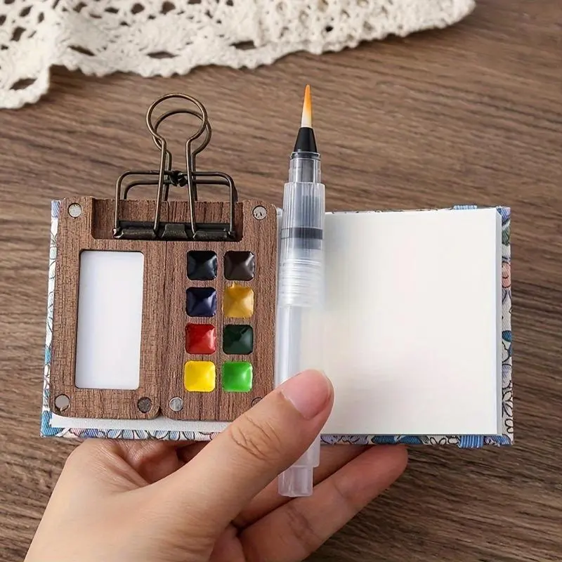 Mini Travel Watercolor Palette Set, 5 Counts/set Portable Wooden Watercolor Paint Box with Sketchbook & Color Pigments & Refillable Water Brush & Clip, Artist Bundle, Portable Art Supplies for Indoor & Outdoor 8