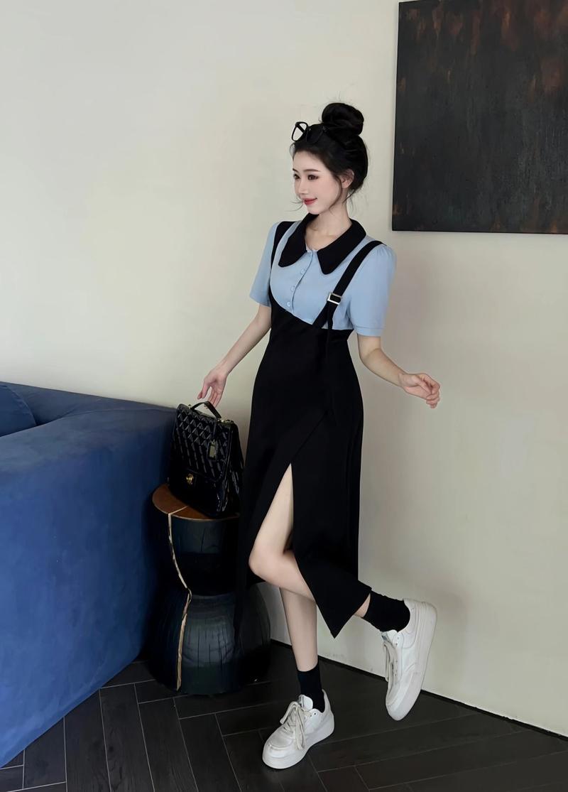 Product Introduction of 2024 Summer New Fashion Simple plus Size Women's Clothing Slim Fake Two Pieces Dress Short Sleeve Mid-Length Black Dress Casual Womenswear 5
