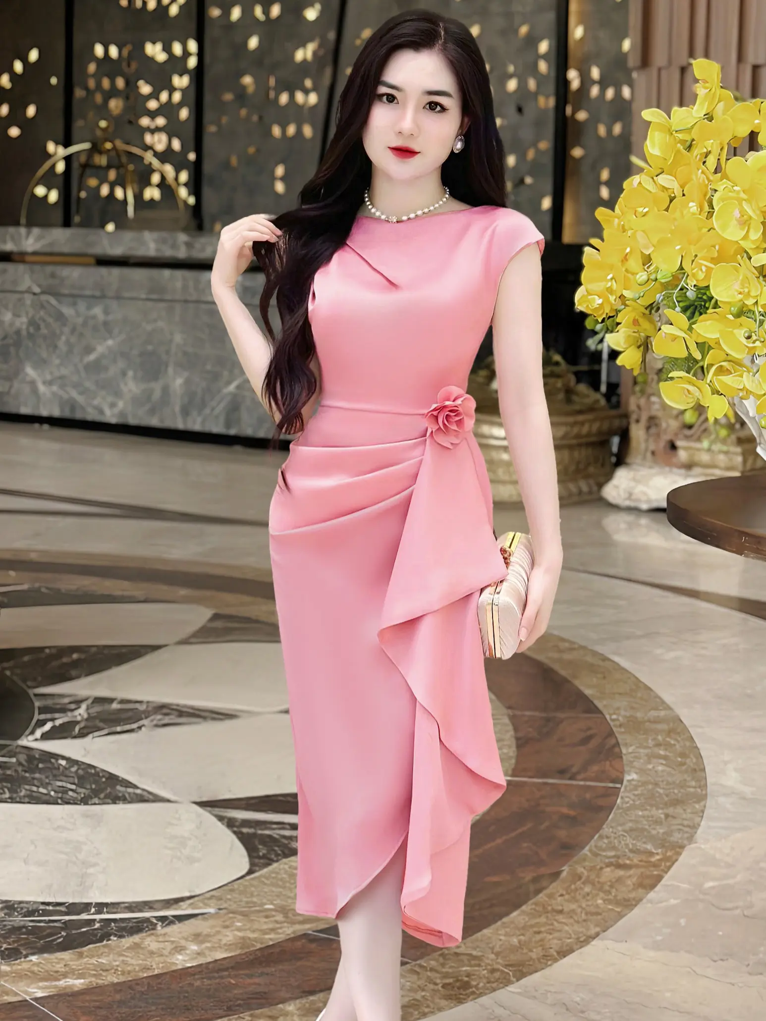 [MIỄN SHIP] MDU3278 Váy Lụa Twist Satin 2 Lớp - Kiểu Dáng Yêu Kiều Thướt Tha Dành Cho Nữ  Women Dress  Tay Loe  Màu Hồng