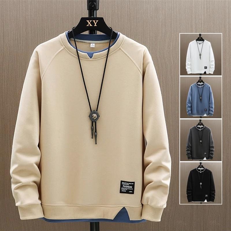 Sweater Men's Ins Brand round Neck Top Clothes Loose False Two Pieces Long Sleeve T-shirt Bottoming Shirt Outfit Man Clothing Outdoor Sport 0