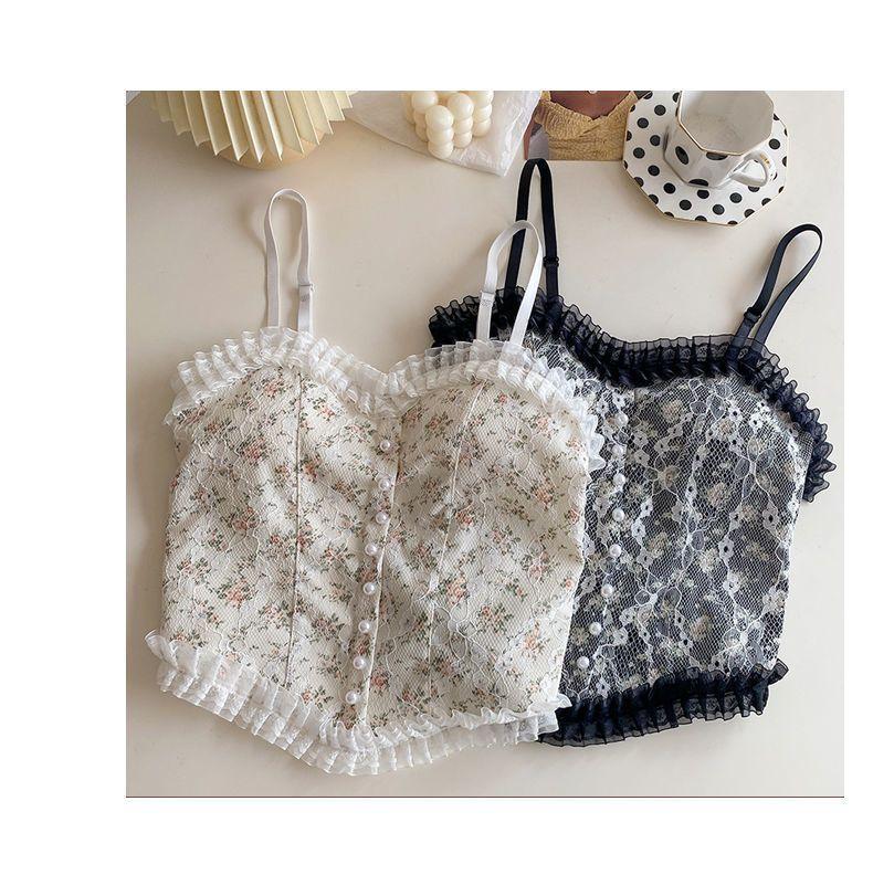 Product Introduction of Sexy lace floral cami top for women-sweet vintage slim fit tank with ruffle trim, adjustable straps, sleeveless bustier blouse, elegant floral print, versatile summer outfit for casual or layering Womenswear Lingerie Comfort Short 5