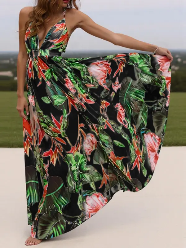 Women's All Over Print Backless Long Dress, Boho Sleeveless Maxi Dress for Beach Holiday Vacation, Ladies Clothes for All Seasons 2