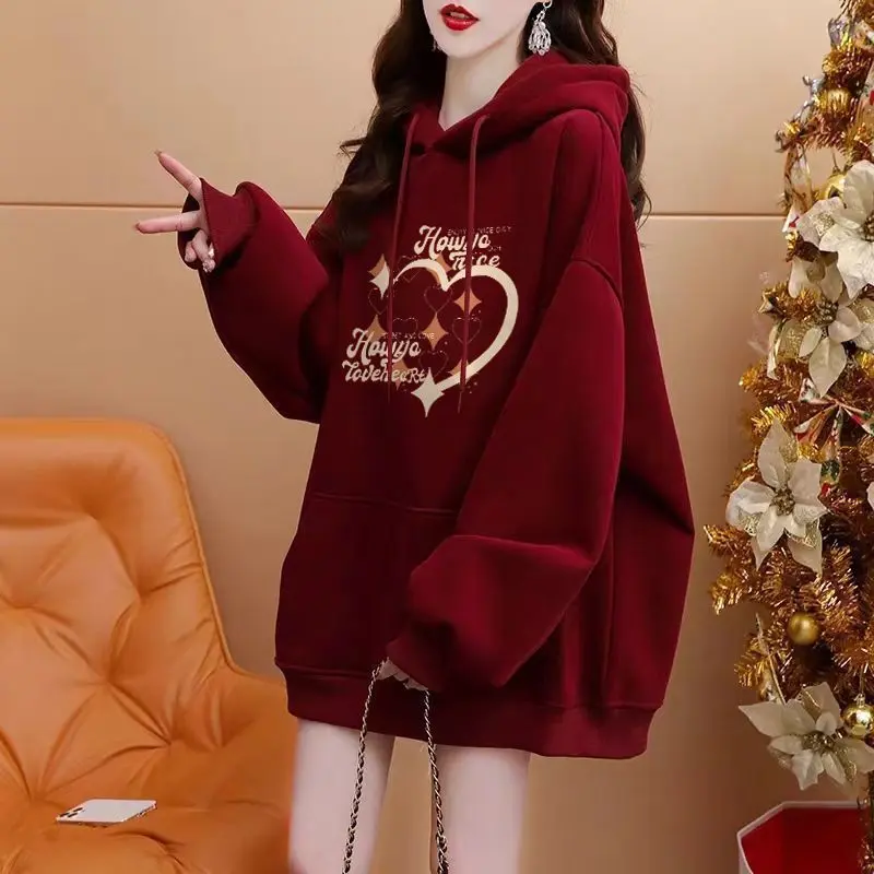Autumn and Winter New Fleece-lined Thickened Hooded Sweatshirt Women 2025 New Korean Style Loose Mid-Length Versatile Western Style Top Womenswear Lingerie