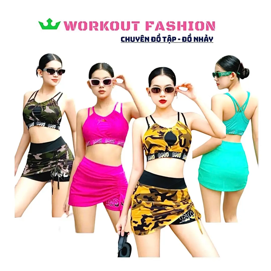 Bộ tập nữ áo Bra kết hợp chân váy 2 lớp rút dây một bên-tập Gym,Aerobic,chạy bộ.. Sport Cotton Thun
