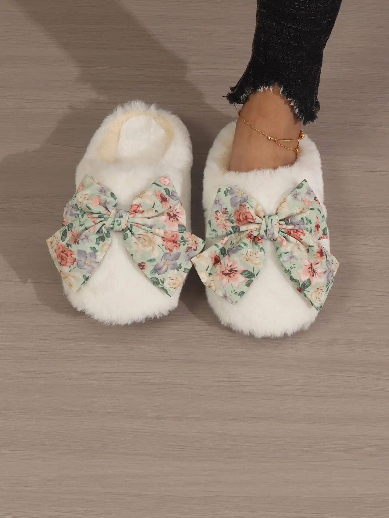 Women's Minimalist Casual Bow Decor Plush Slippers, Cute Bowknot Design Bedroom Slippers, Simple Design Warm Slippers for Home for Fall & Winter