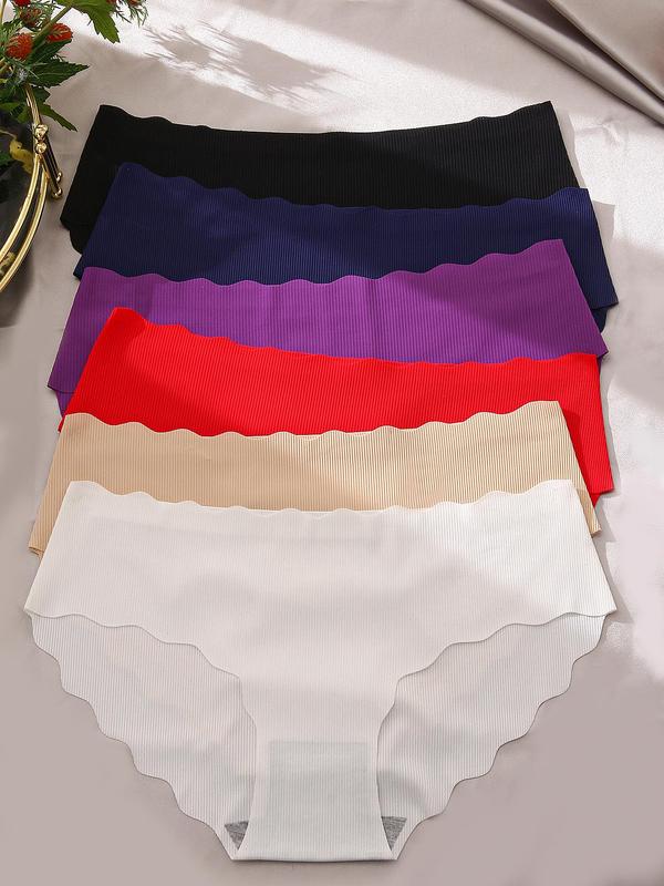 Women's 6pcs Minimalist Solid Scallop Trim Panty, Lady Basic Soft Comfort Seamless Knickers for Daily Wear All Seasons, Womenswear Underwear 4