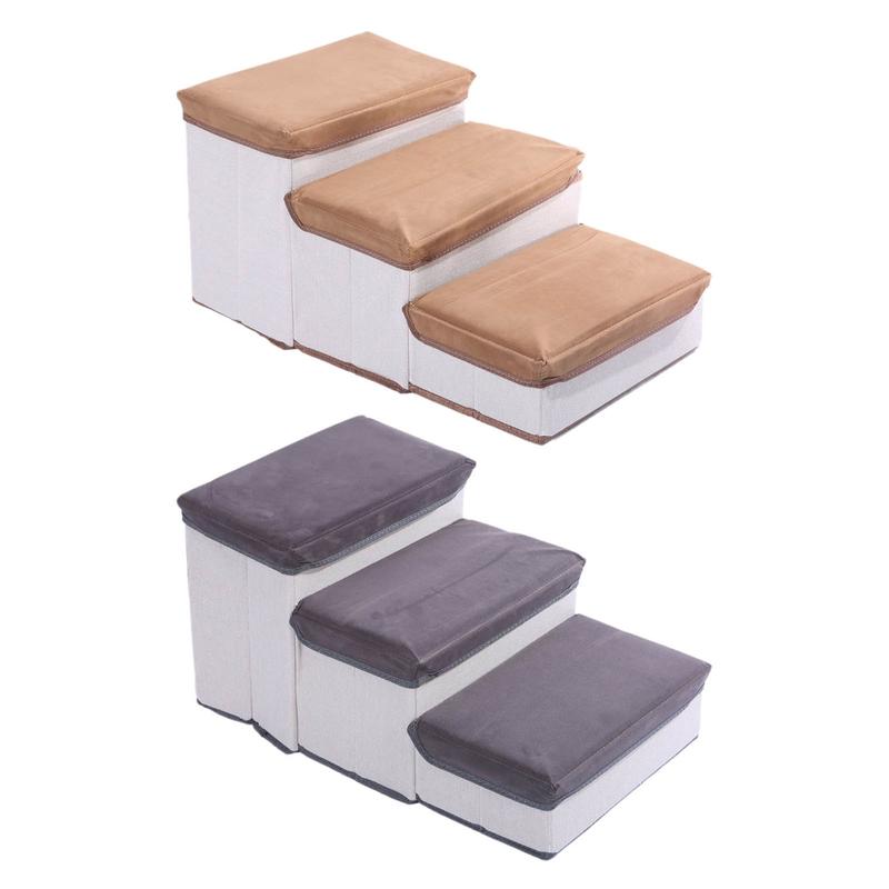 Foldable Pet Steps 3 Step Dog Stairs with Soft Flannel Cover Cats Staircase with Storage Box for Dogs Cats NonSlip 3