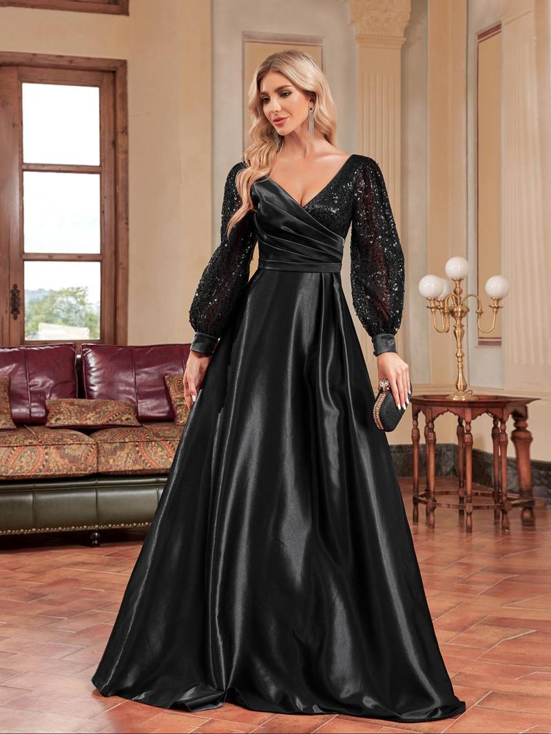 Product Introduction of Women's Glitter Sequin Contrast Mesh Wrap V Neck A Line Evening Dress, Elegant Bishop Sleeve Maxi Evening Party Gown, Ladies Spring & Fall Clothes 2