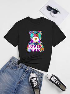 ImprinTee Women's Cartoon Bear & Letter Print Round Neck Tee, Cute Fashion Casual Short Sleeve T-Shirt for Daily Holiday Vacation Outdoor Wear, Ladies Clothes for All Seasons