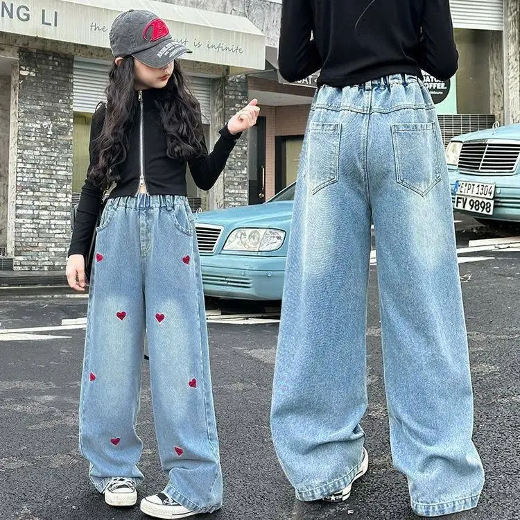 [B1607] Quần Jean Ống Suông Bé Gái 16 -50Kg Thêu TIM Nhỏ  Quần Bò Ống Rộng Mềm Mại Beekids jeanshop1688