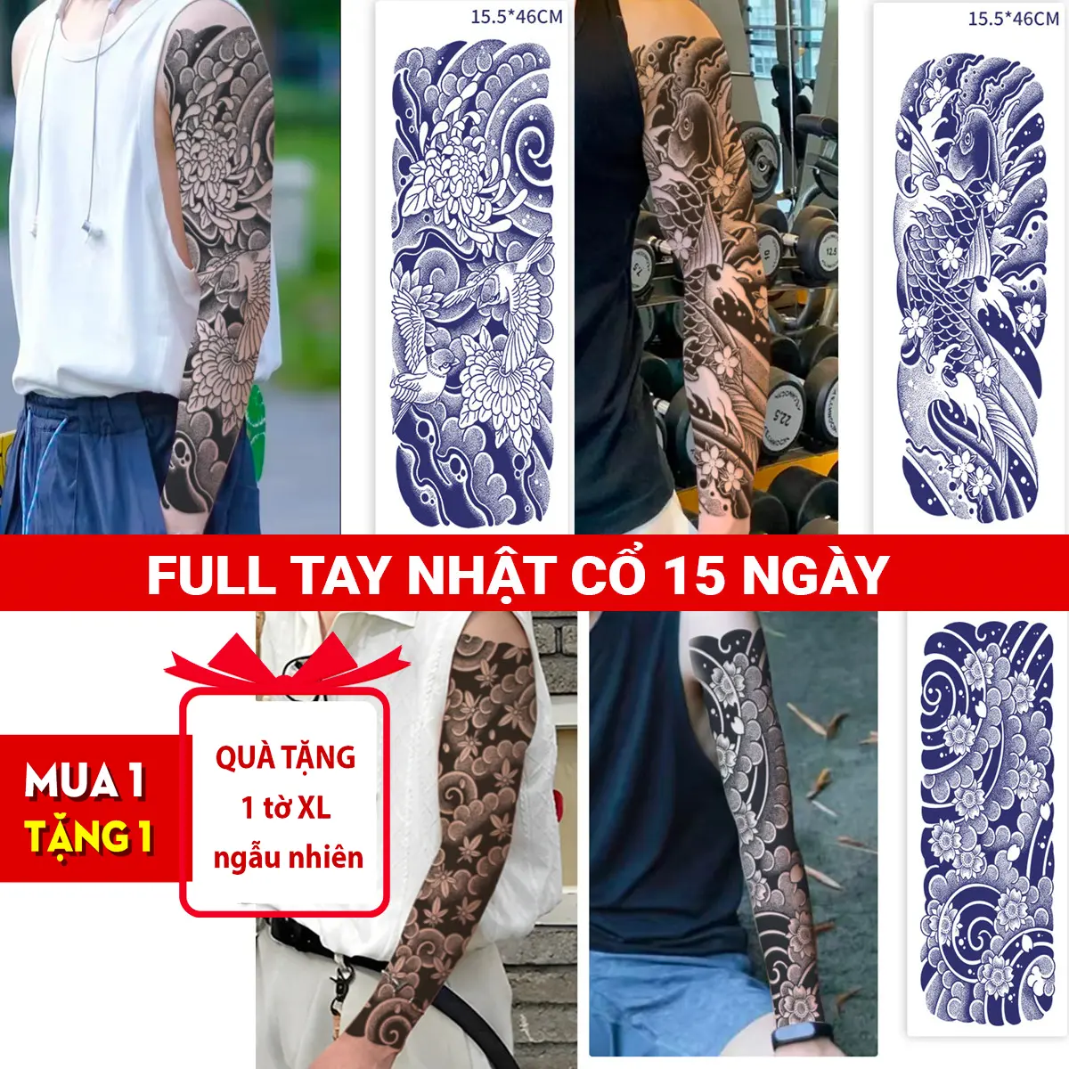 [Mua 1 tặng 1 hình xăm size XL ngẫu nhiên ]  Hình xăm full tay Nhật Cổ 15 ngày Trang Điểm Nữ