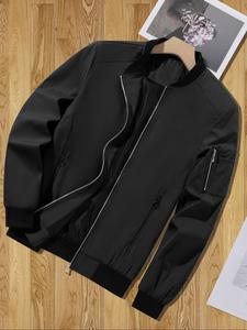 Men's Solid Color Zip Up Bomber Jacket, Loose Casual Comfy Long Sleeve Baseball Collar Outerwear for Daily Wear, Men's Clothing for All Seasons, Coats