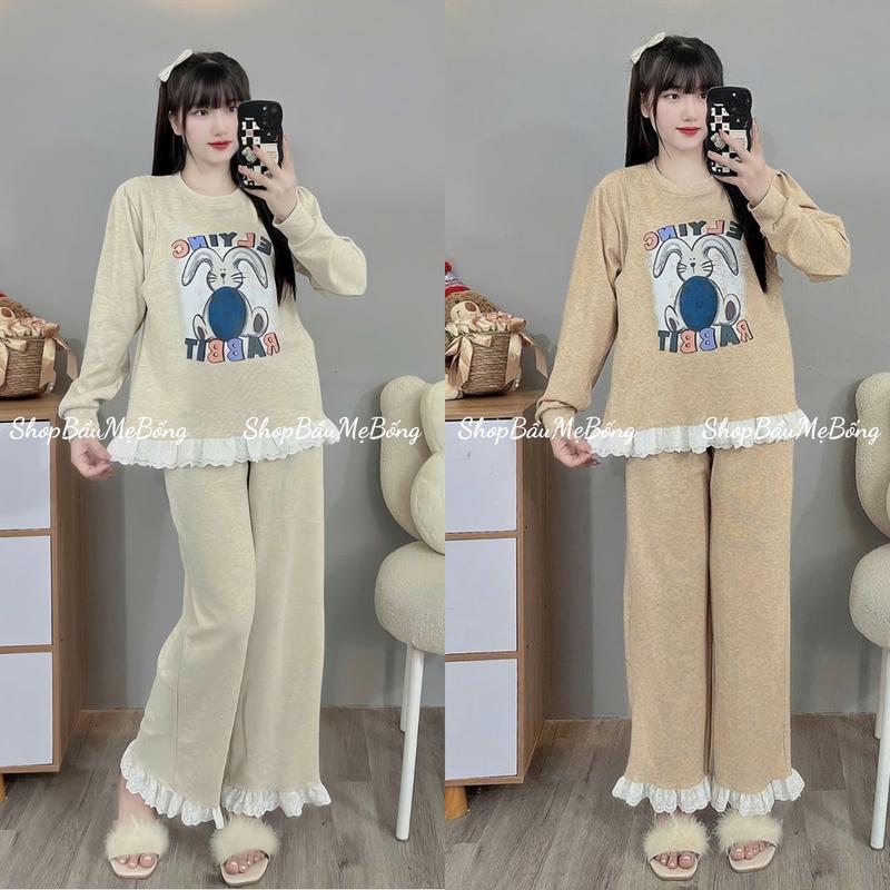  COMBO 2 Bộ Nỉ Mặc Bầu Pha Ren Dáng Suông Chất Liệu Len Tăm Thỏ Dày Dặn Mềm Mịn Mặc Thu Đông Dưới 72kg Dành Riêng Cho Mẹ Bầu 