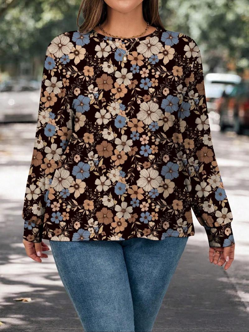 Product Introduction of 【Plus Size】 Floral Print Round Neck Tee, Casual Long Sleeve T-shirt for Daily Wear, Women Plus Clothing for Spring 5