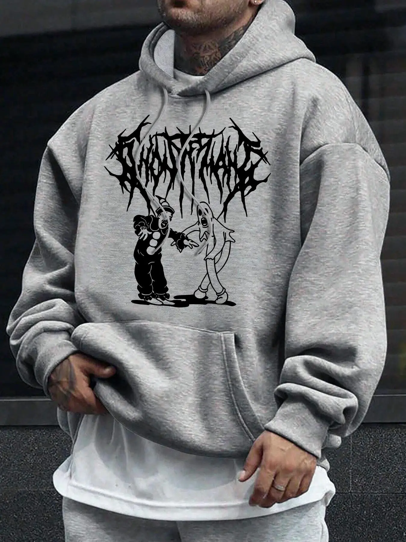 Men's Skull Print Drop Shoulder Hoodie, Halloween Themed Fashion Casual Regular Fit Drawstring Pocket Hooded Sweatshirt for Daily Holiday Outdoor Wear, Men Clothes for Fall & Winter