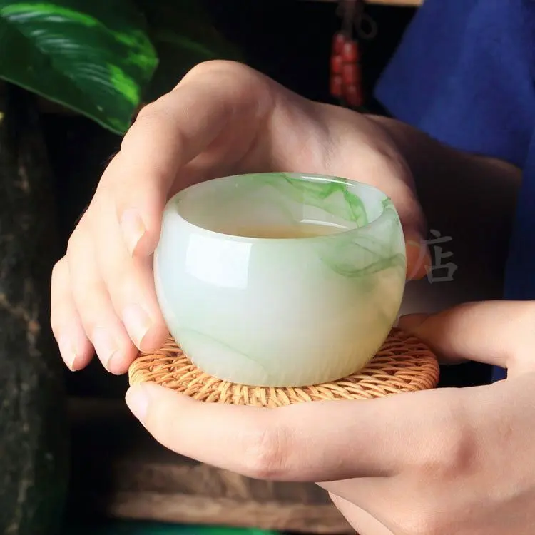 Colored Glaze Jade Porcelain Tea Cup Large Tea Cup Heat-Resistant Thickening Glass Master Cup Single Cup White Jade Cup Kung Fu Tea Set