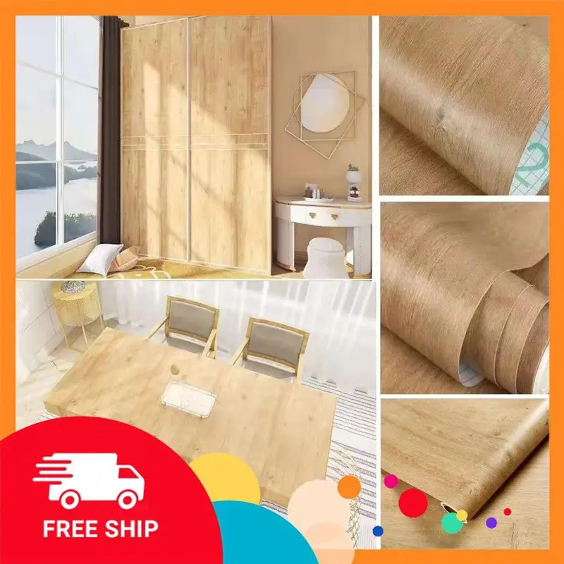Giấy dán tường giả gỗ kícḣ thước 10 mét có keo sẵn chống thấm nước ẩm mốc, trang trí bàn, tủ khổ rông 45cm, decal giả gỗ 2