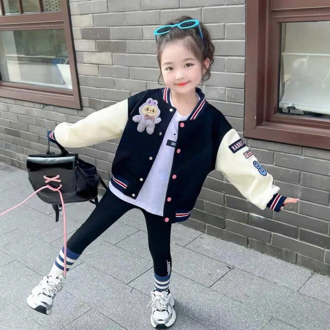 Áo khoác bomber, áo bóng chày đính Labubu cho bé gái 10-30kg, chất nỉ bông dày dặn, phong cách Hàn Quốc mùa thu đông