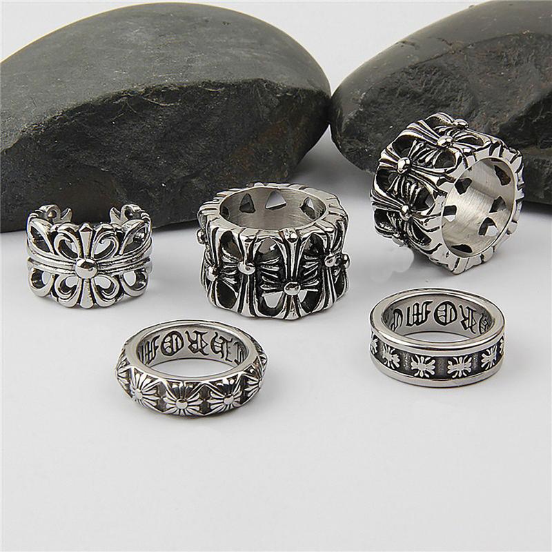 Nhẫn Chrome Heart thép mạ bạc Thái S925 không rỉ họa tiết thánh giá phong cách Unisex