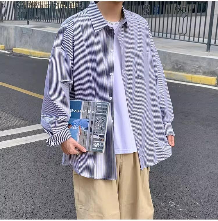 Product Introduction of Japanese Style Long Sleeve Striped Shirt Men's Autumn Clothing Thin Blue and White Striped Shirt Fashion Brand Korean Style Trendy Hong Kong Style Baggy Coat 10
