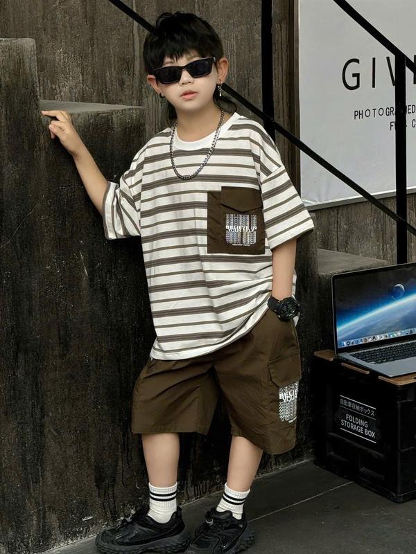 (Mon kids) 18-60kg. Bộ quần áo cộc tay kẻ chất cotton co giãn 4 chiều, quần kaki mềm mại cho bé trai 2