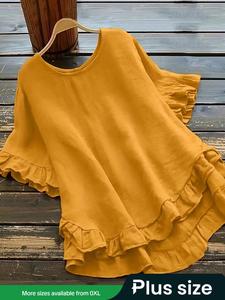 【Plus Size】 Solid Ruffle High Low Hem Blouse, Casual Round Neck Half Sleeve Top for Summer, Women's Plus Size Clothing for Daily Wear, Soft Top Women